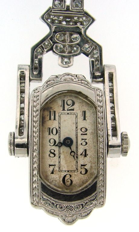 Art Deco Diamond & Platinum Lapel Watch with Glycine Movement - 3