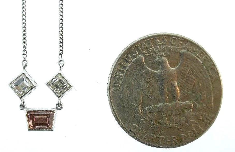 14K White Gold Chain Necklace Pendant Cognac Trapezoid White Square Diamonds - 2