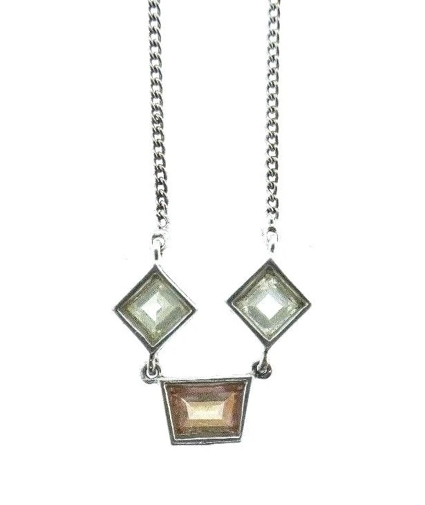 14K White Gold Chain Necklace Pendant Cognac Trapezoid White Square Diamonds - 3