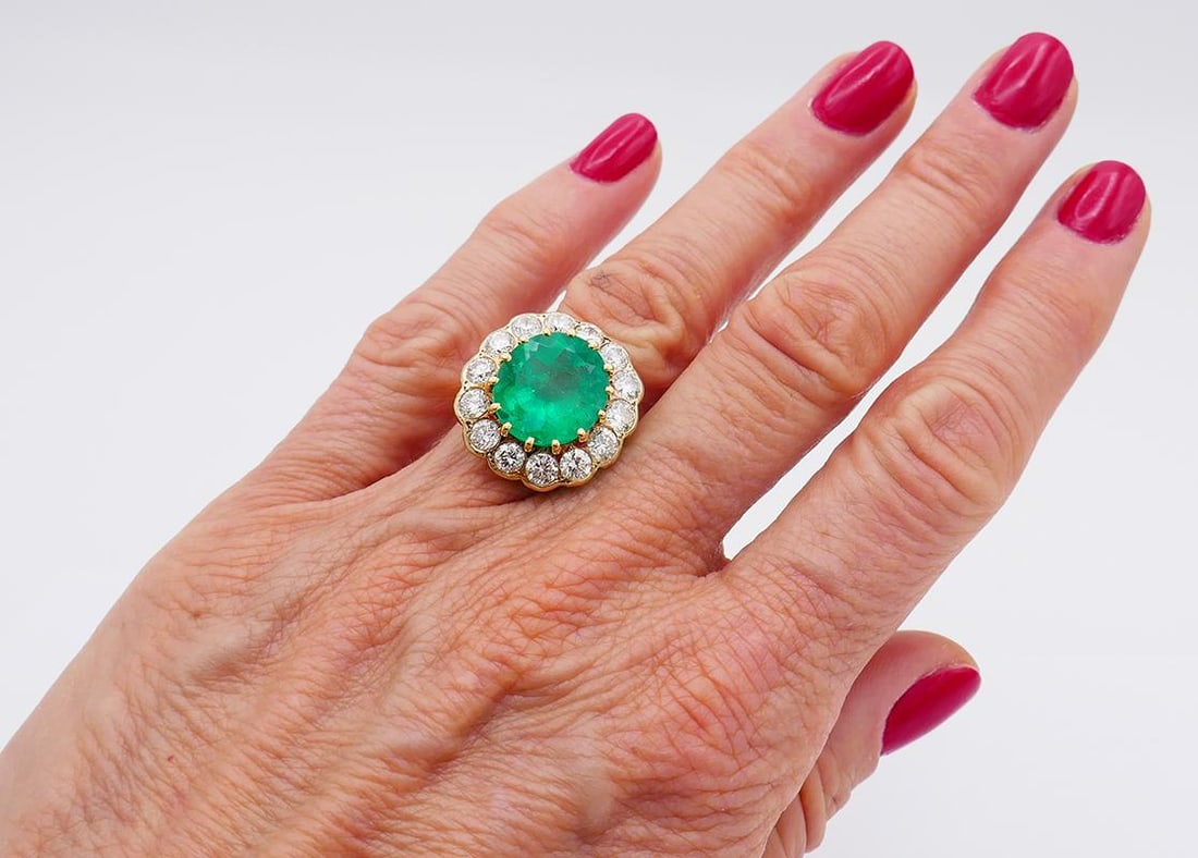 Vintage Ring 18k Gold Colombian Emerald GRS Report Diamond Cocktail French - 18