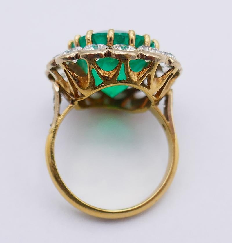 Vintage Ring 18k Gold Colombian Emerald GRS Report Diamond Cocktail French - 3