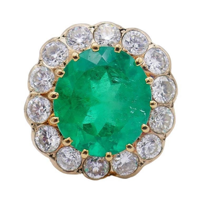 Vintage Ring 18k Gold Colombian Emerald GRS Report Diamond Cocktail French - 7
