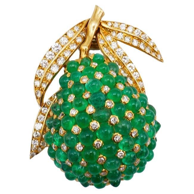 French Vintage Brooch Pin Clip 18k Gold Emerald Estate Jewelry Signed J W - 2