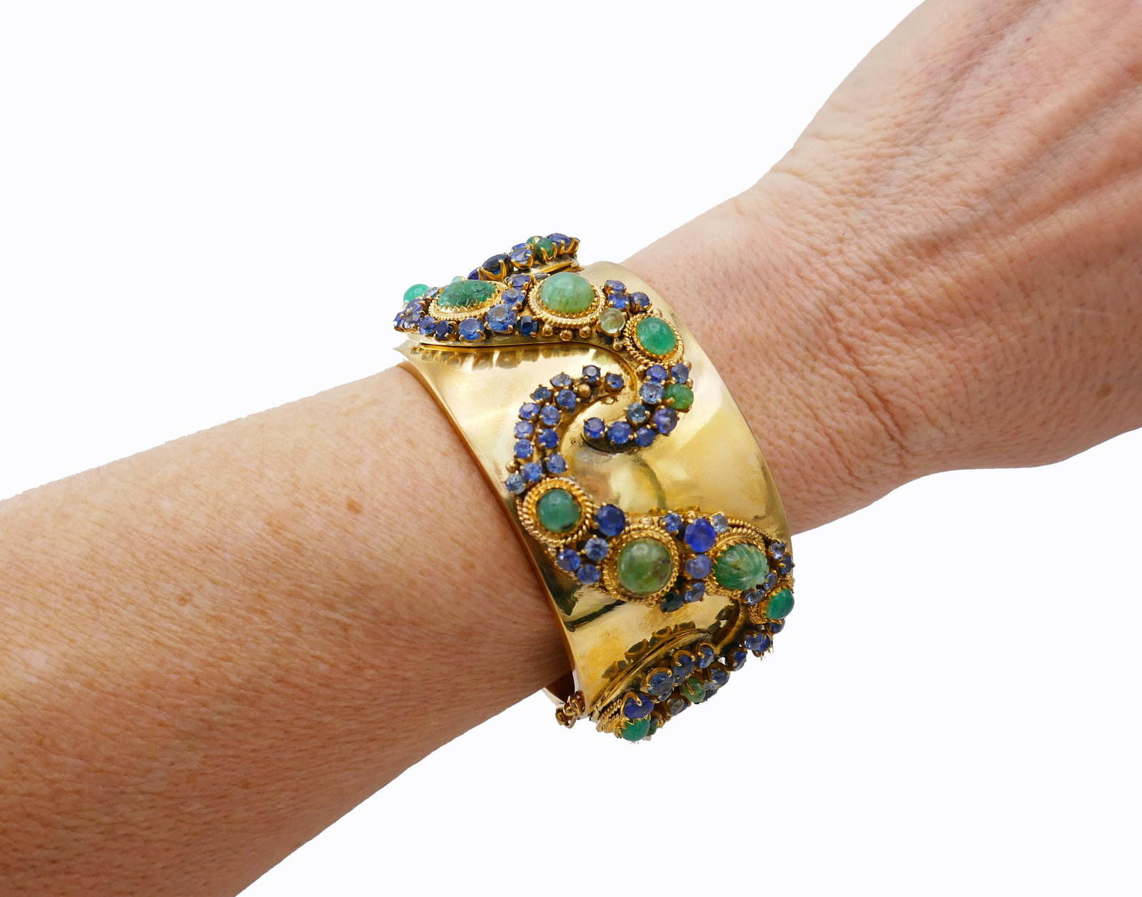 Vintage 14k Gold Bangle Bracelet Emerald Sapphire - 14