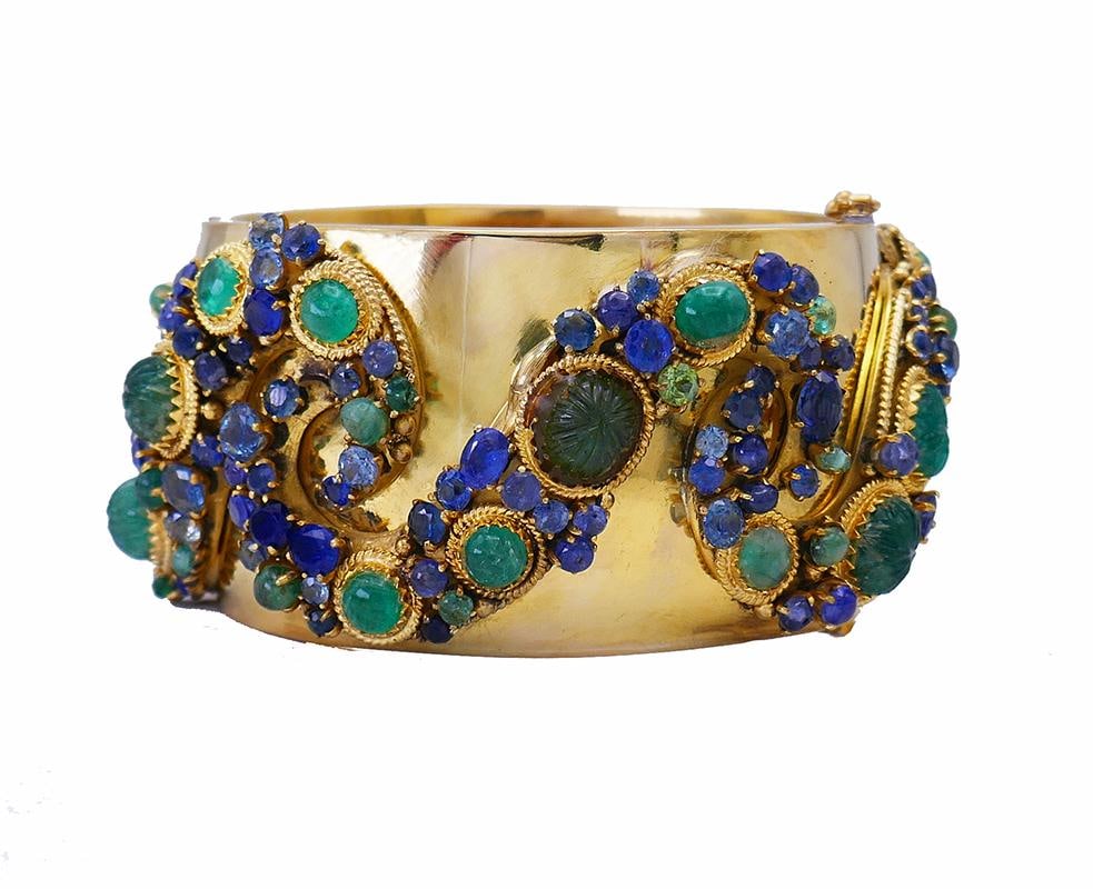 Vintage 14k Gold Bangle Bracelet Emerald Sapphire - 15