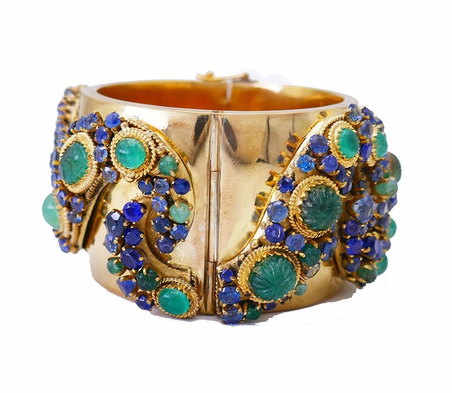 Vintage 14k Gold Bangle Bracelet Emerald Sapphire - 16