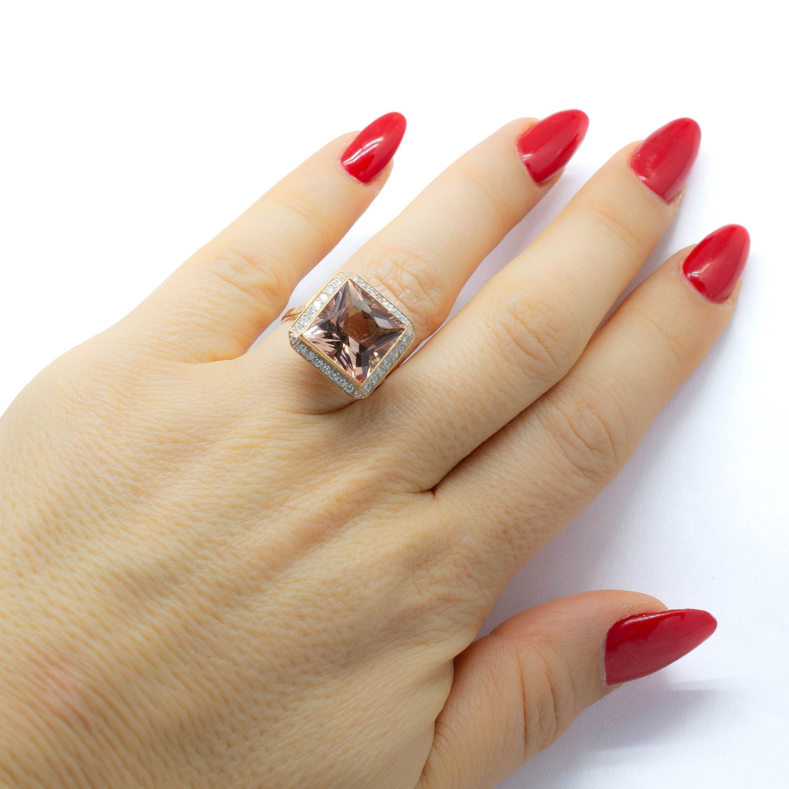 Handmade 18K Natural Morganite and Old Mine Cut Diamond Ring - 7