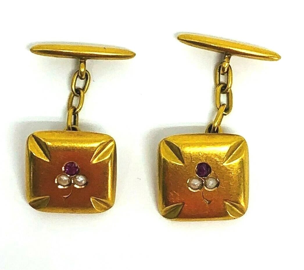 Vintage 18K Yellow Gold Pearl Ruby Square Cufflinks - 2