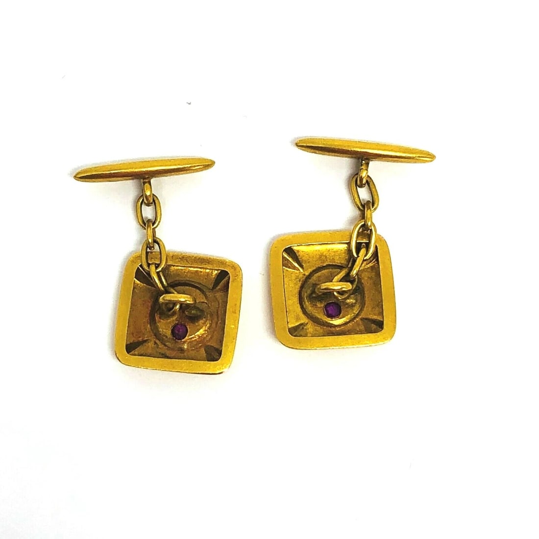 Vintage 18K Yellow Gold Pearl Ruby Square Cufflinks - 3