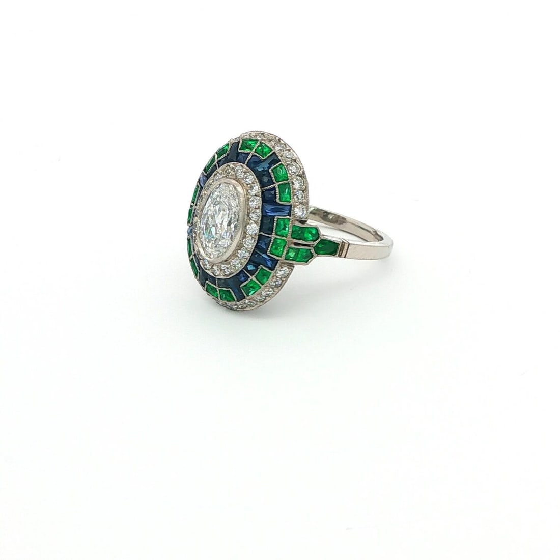 Platinum Diamond, Emerald and Sapphire Ring - 2