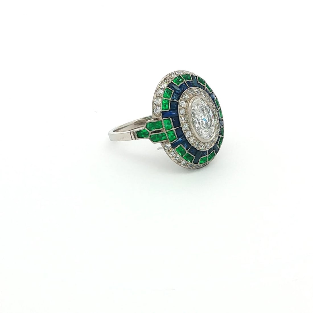 Platinum Diamond, Emerald and Sapphire Ring - 3