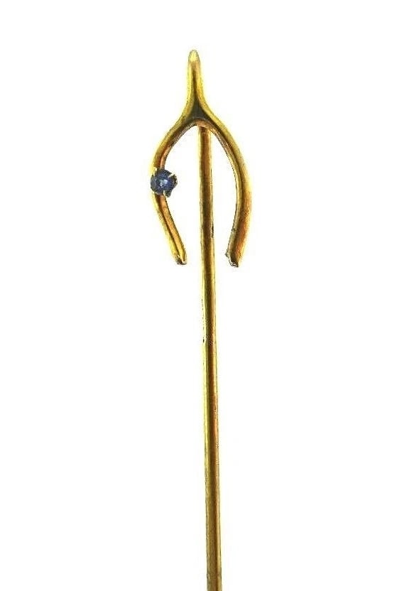 Antique 10k Yellow Gold Aquamarine Wishbone Pin - 3