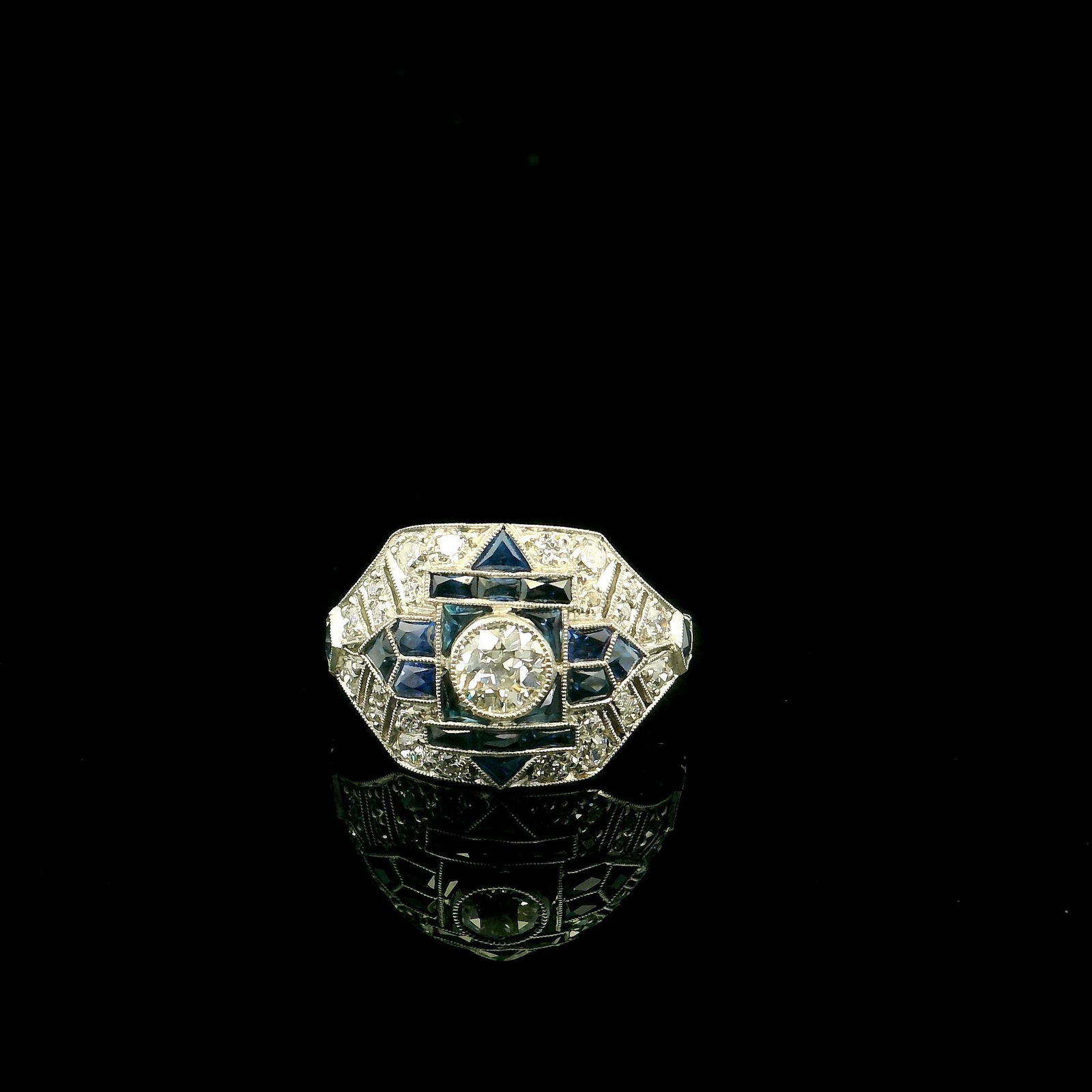 Handmade Platinum Natural Diamond and Sapphire Ring - 3