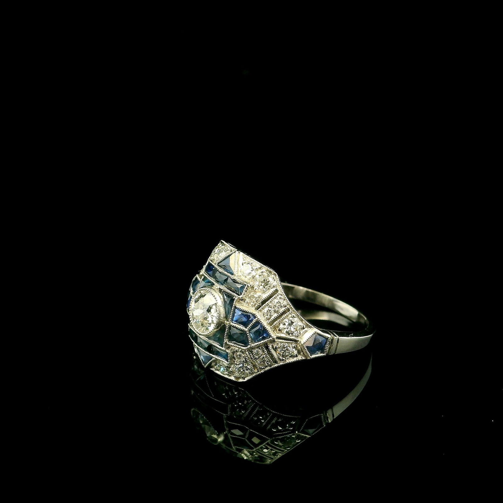 Handmade Platinum Natural Diamond and Sapphire Ring - 4