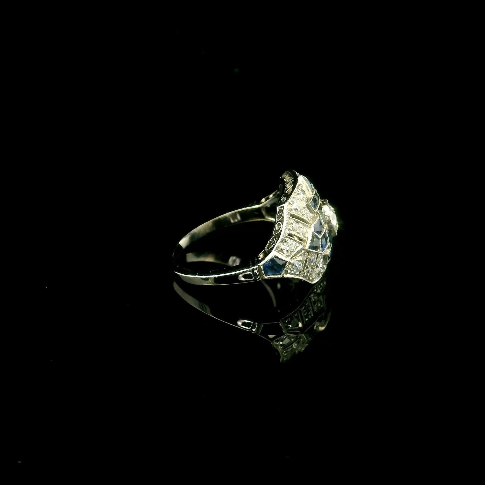 Handmade Platinum Natural Diamond and Sapphire Ring - 7