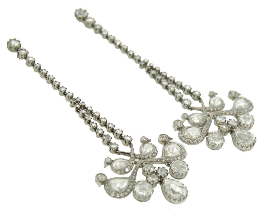 Rose Cut Diamond Platinum Chandelier Earrings - 3