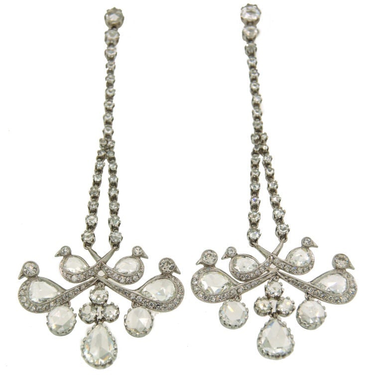 Rose Cut Diamond Platinum Chandelier Earrings - 4