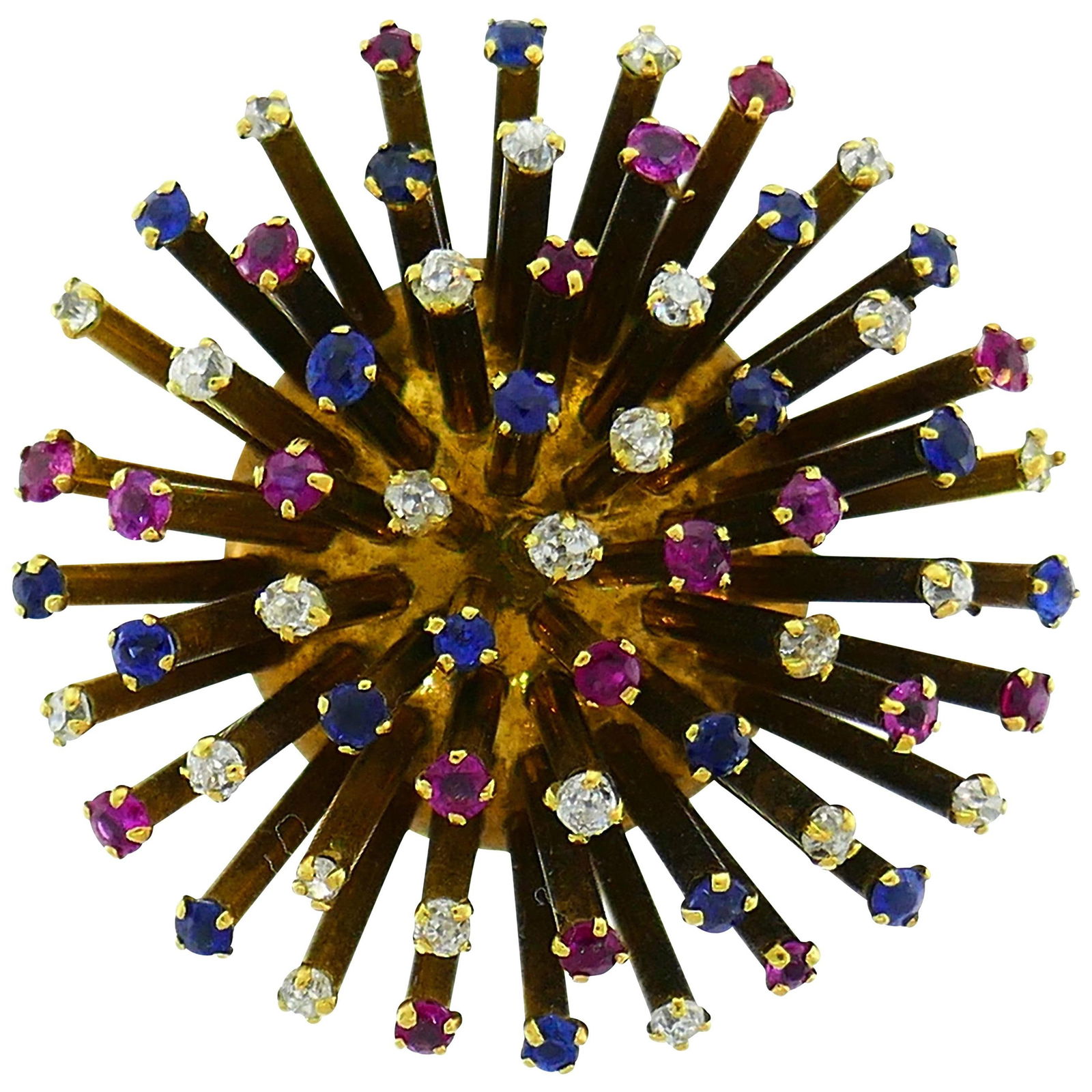 Yellow Gold Sputnik Pin Brooch Clip with Diamond Sapphire Ruby, French, 1950s - 2