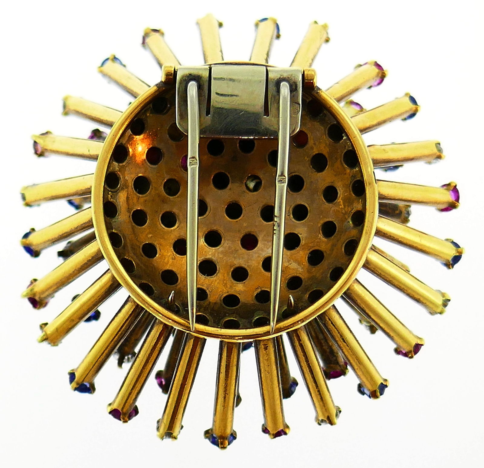 Yellow Gold Sputnik Pin Brooch Clip with Diamond Sapphire Ruby, French, 1950s - 4