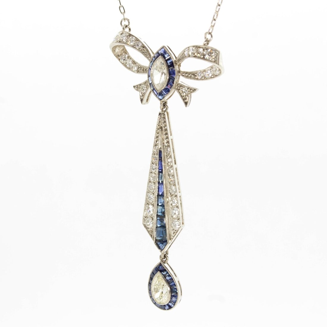 Art Deco Platinum French Cut Sapphire and Natural Diamond Pendant - 2
