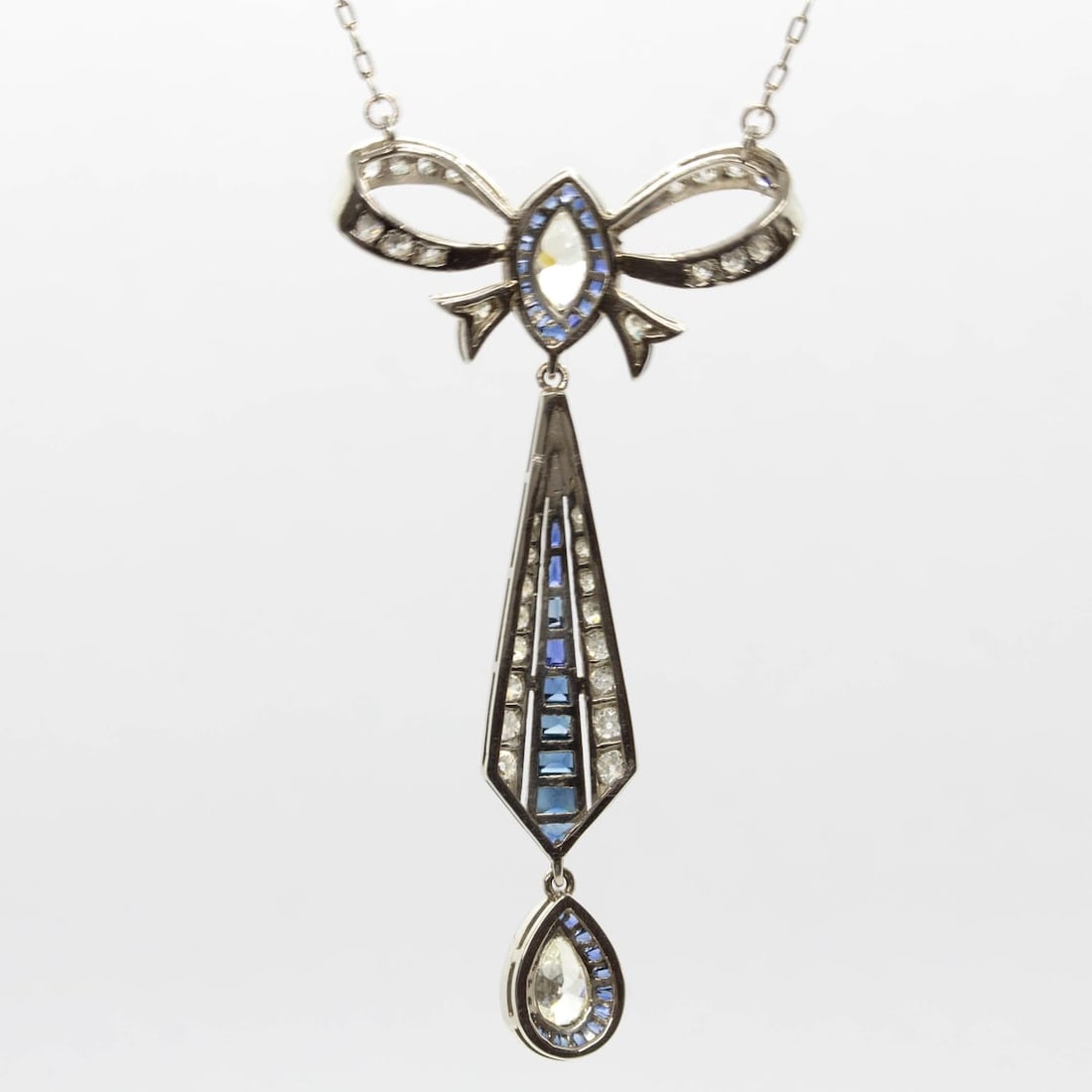 Art Deco Platinum French Cut Sapphire and Natural Diamond Pendant - 3