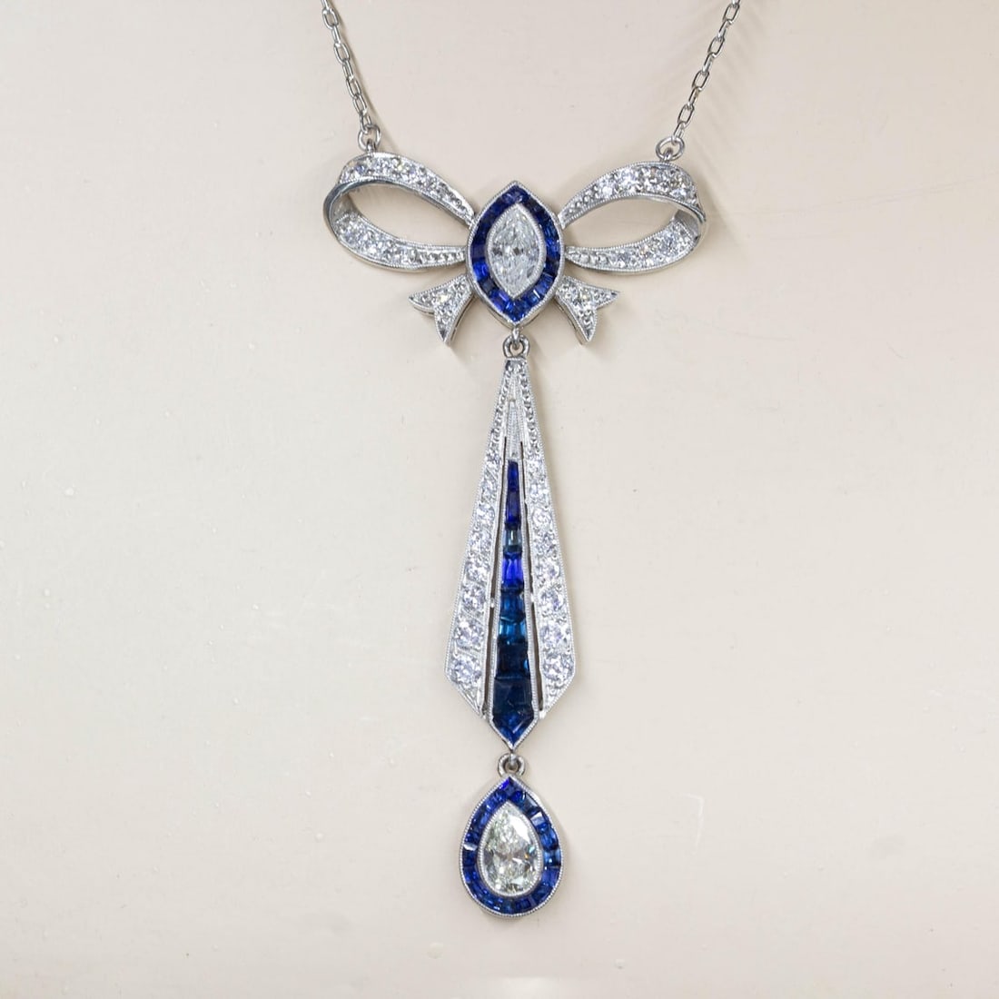 Art Deco Platinum French Cut Sapphire and Natural Diamond Pendant - 4