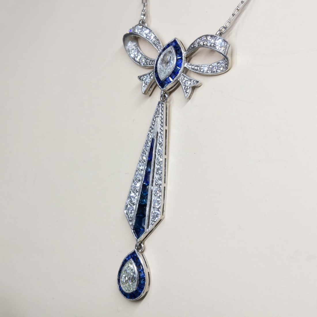 Art Deco Platinum French Cut Sapphire and Natural Diamond Pendant - 5