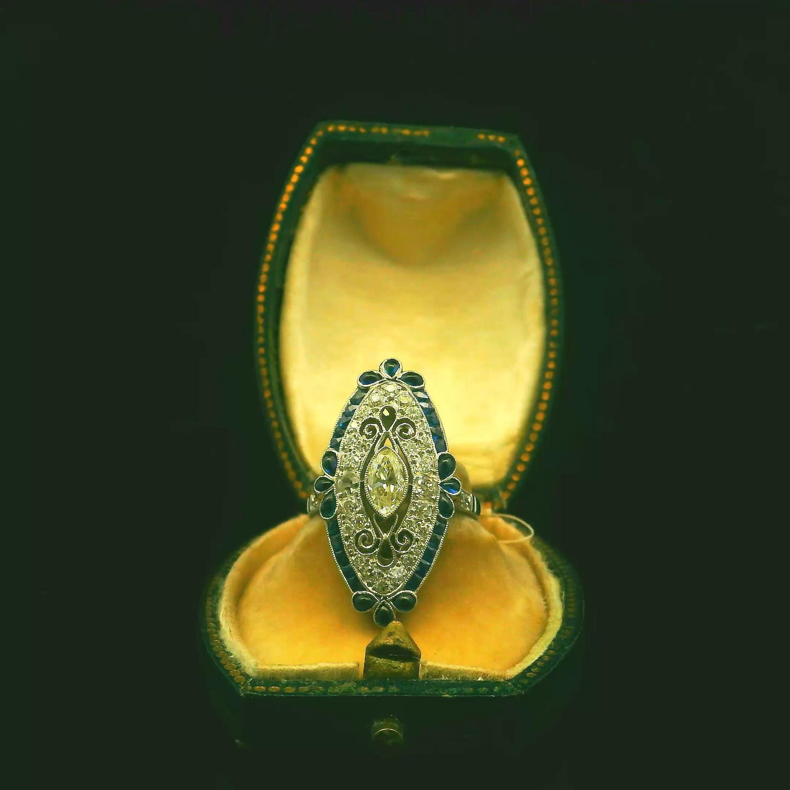 Platinum Engagement Ring with Natural Old Mine Cut Diamonds and Natural Sapphires - 12