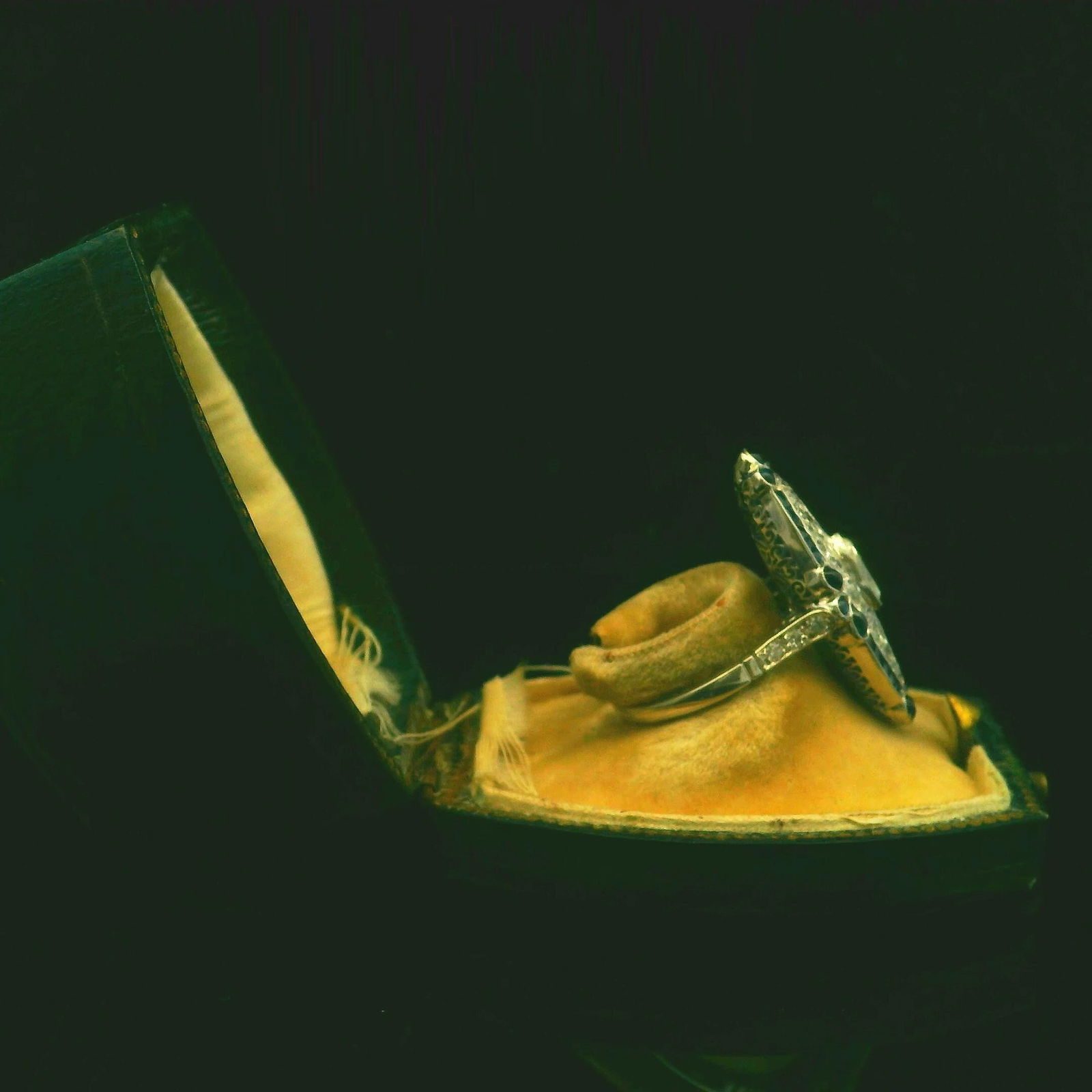 Platinum Engagement Ring with Natural Old Mine Cut Diamonds and Natural Sapphires - 7