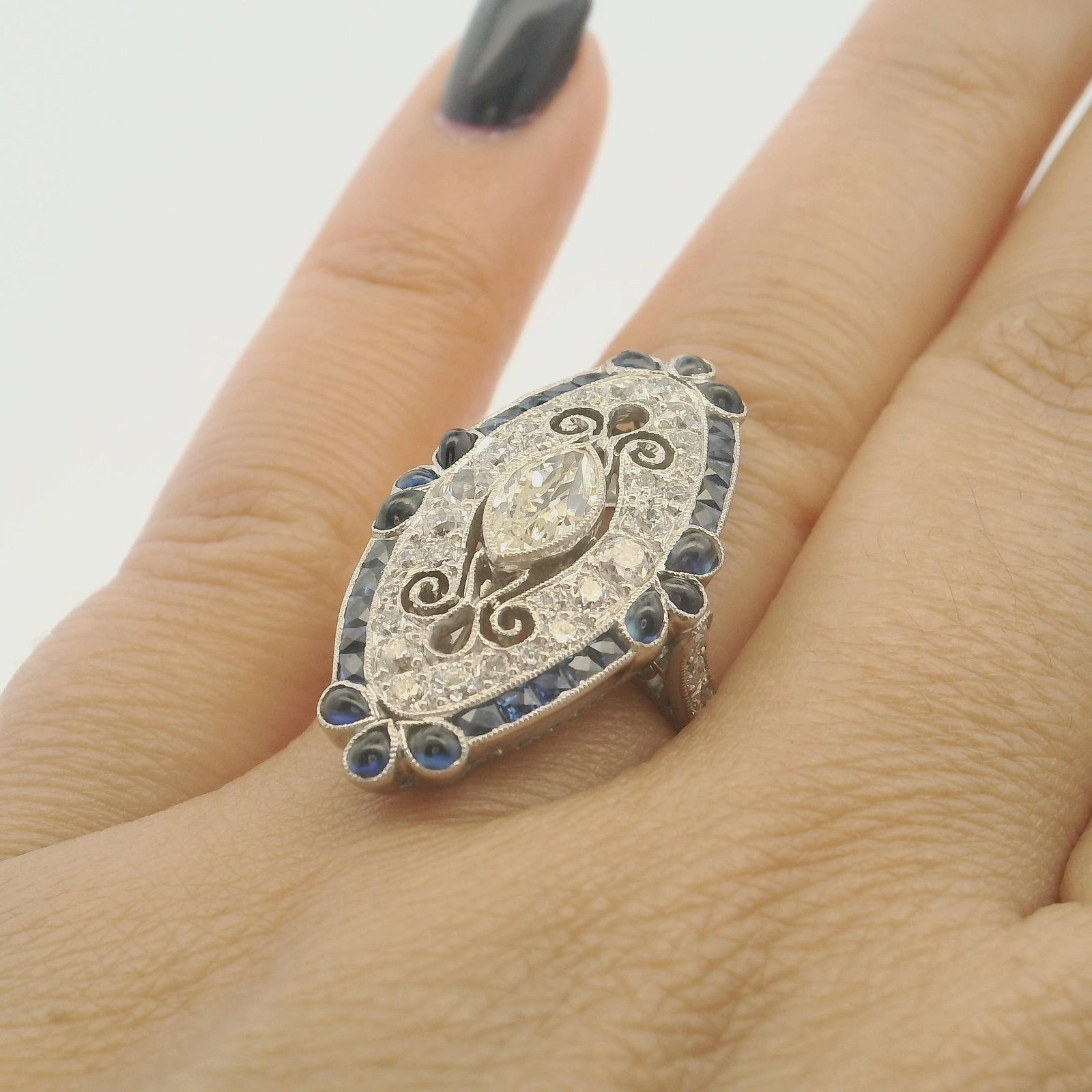 Platinum Engagement Ring with Natural Old Mine Cut Diamonds and Natural Sapphires - 8