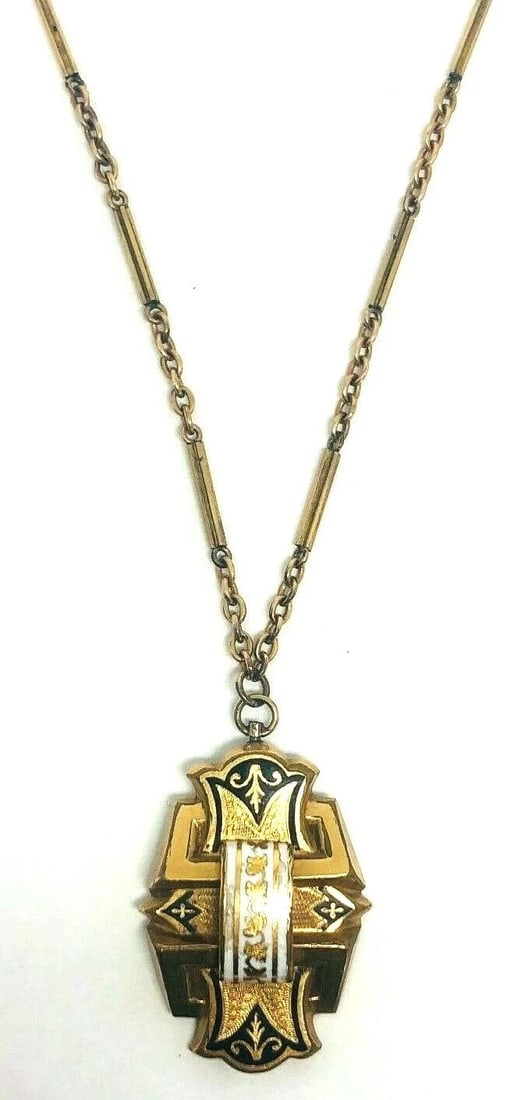 VICTORIAN Yellow Gold Filled Enamel Pendant Watch Chain Necklace - 2