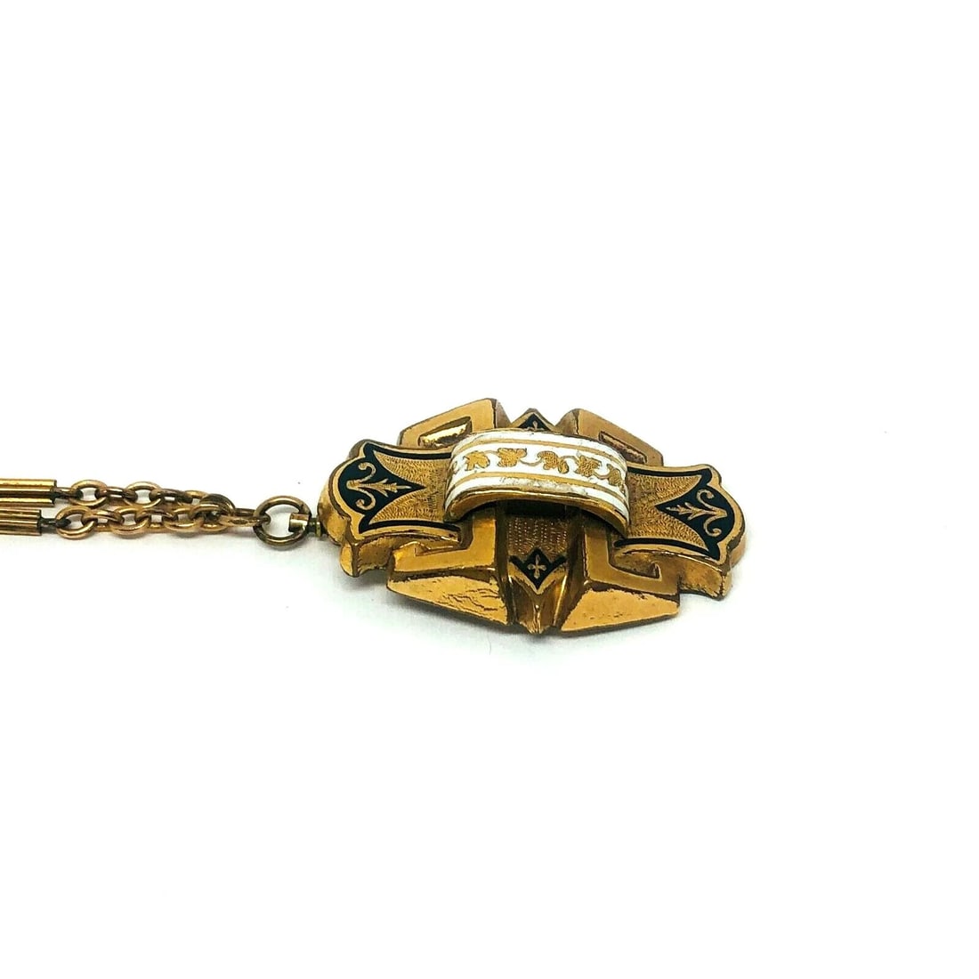 VICTORIAN Yellow Gold Filled Enamel Pendant Watch Chain Necklace - 3