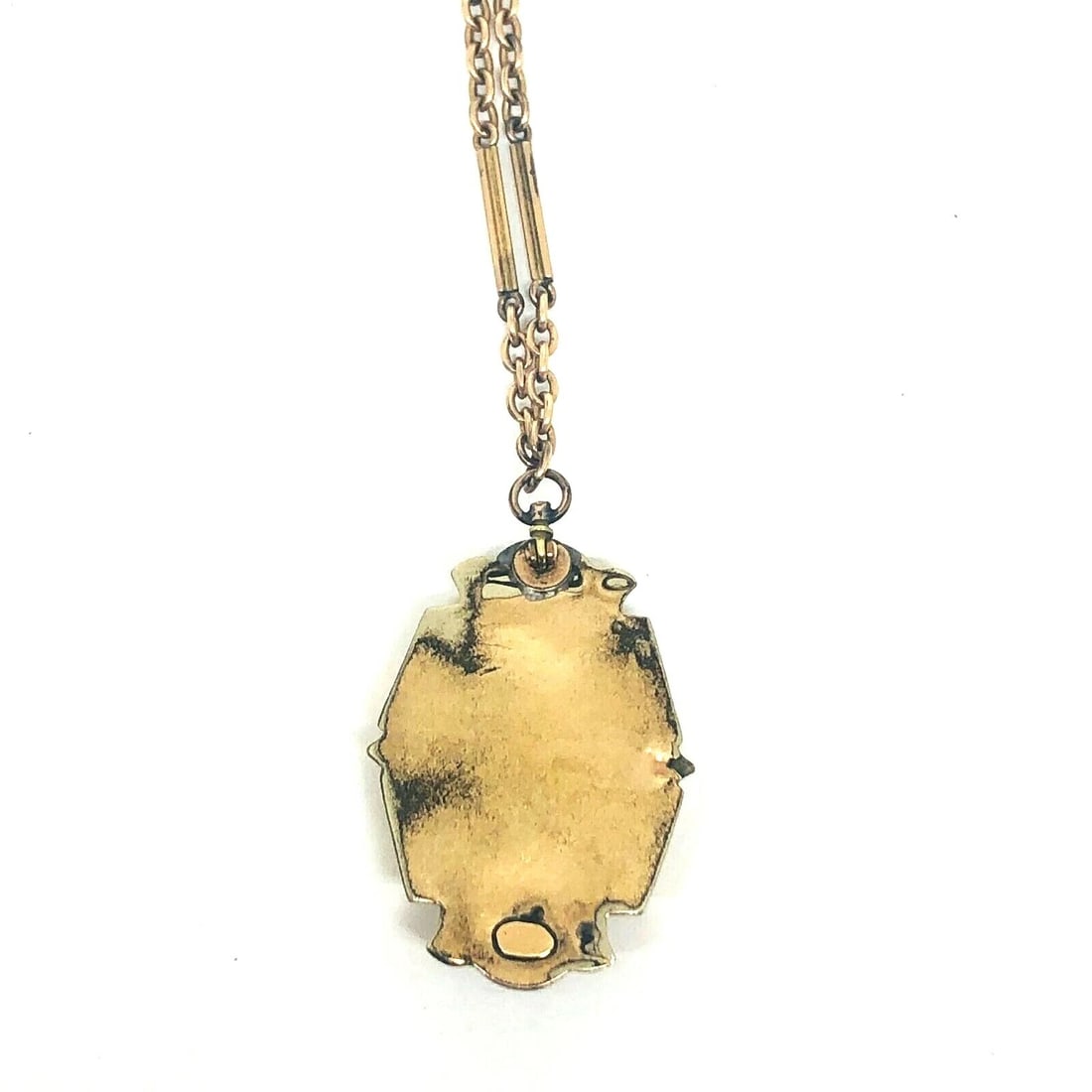 VICTORIAN Yellow Gold Filled Enamel Pendant Watch Chain Necklace - 5