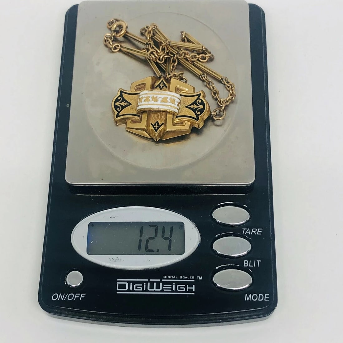 VICTORIAN Yellow Gold Filled Enamel Pendant Watch Chain Necklace - 7