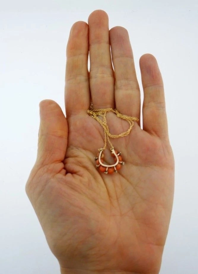 Antique 9k Rose Gold Coral Pearl Pendant 14k Yellow Gold Chain Necklace - 5