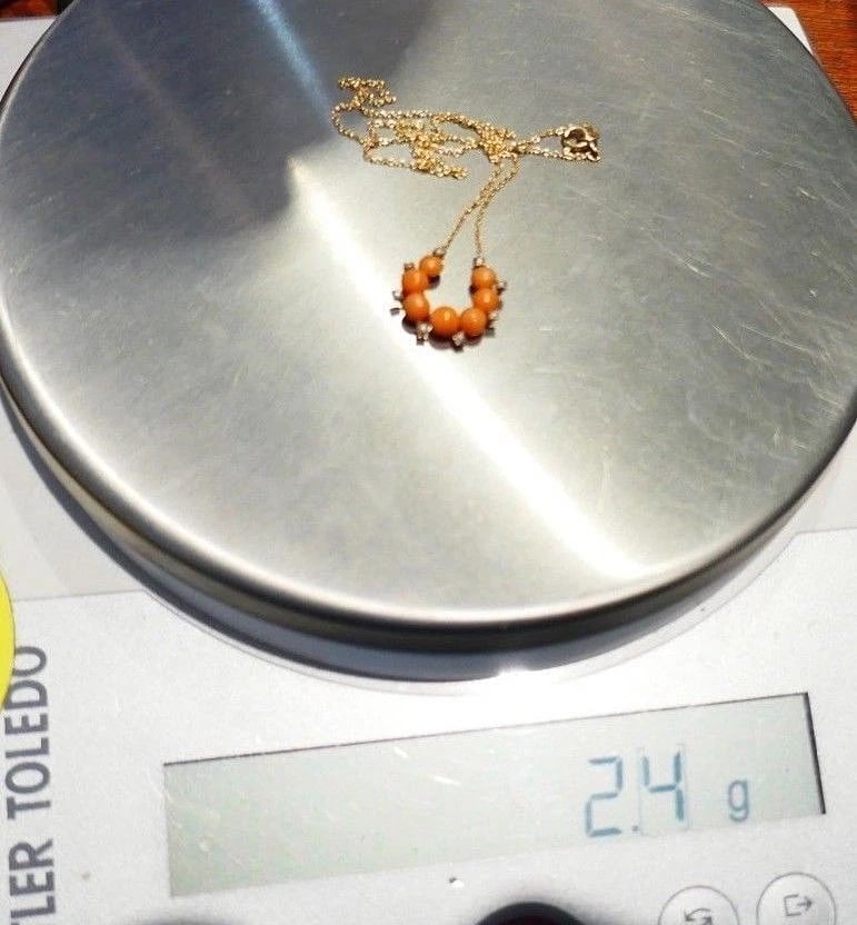 Antique 9k Rose Gold Coral Pearl Pendant 14k Yellow Gold Chain Necklace - 6