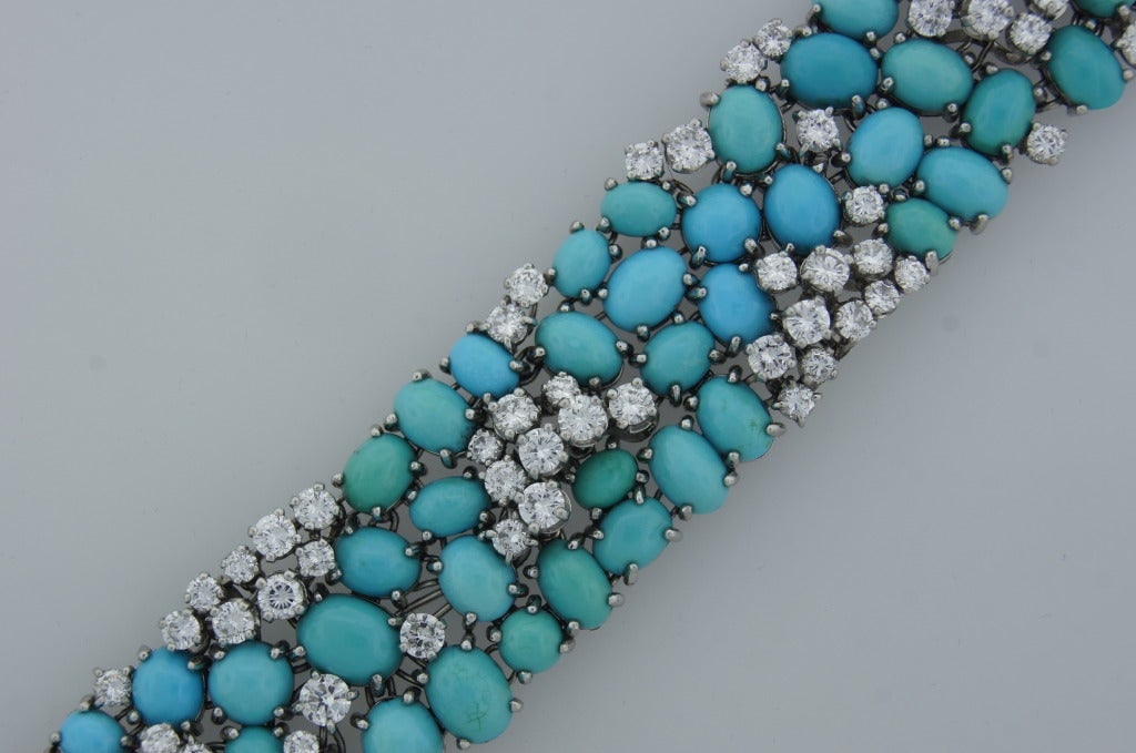 1960s French Turquoise Diamond Platinum Bracelet - 3