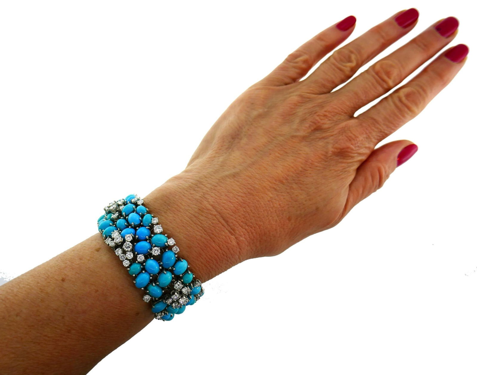 1960s French Turquoise Diamond Platinum Bracelet - 6