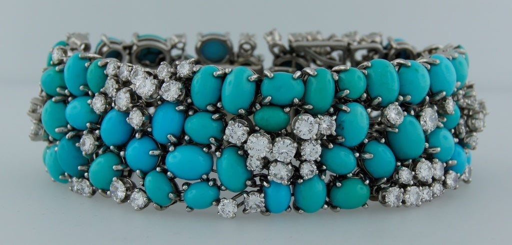 1960s French Turquoise Diamond Platinum Bracelet - 8