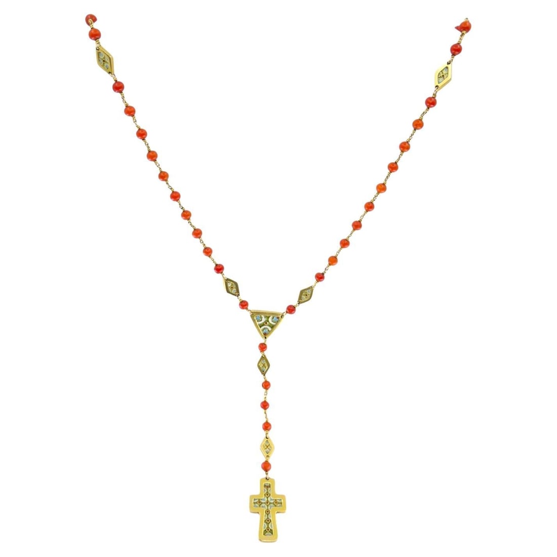 1930s Italian Gold Coral Enamel Rosary: Title: 1930s Italian Gold Coral Enamel Rosary Description: About the Item This Italian rosary, crafted in the 1930s, is a stunning example of vintage religious jewelry made from gold, coral, and ename