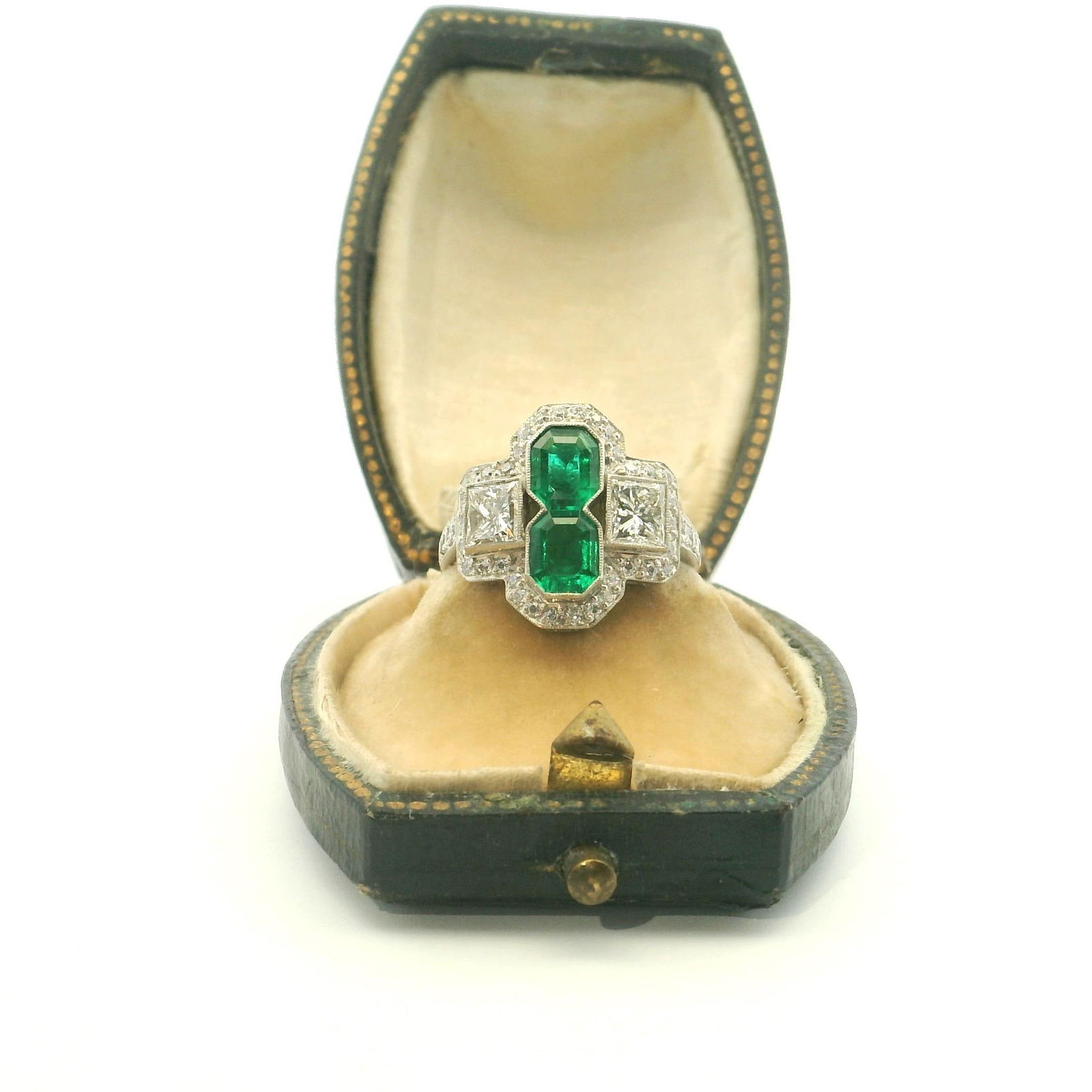 Platinum Natural Colombian Emerald and French cut Diamond Ring - 5