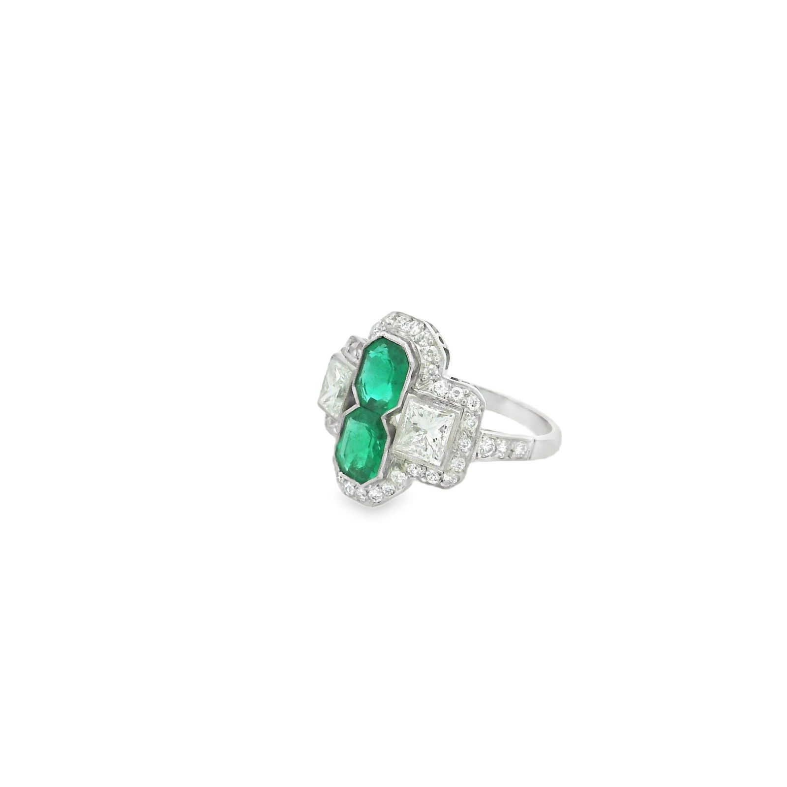 Platinum Natural Colombian Emerald and French cut Diamond Ring - 6