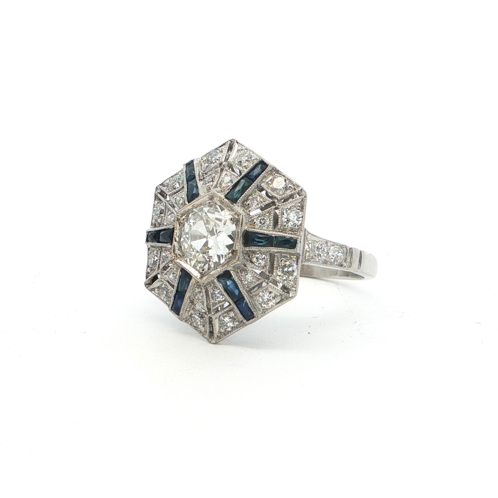 Platinum Cocktail Ring with Diamonds and Natural Sapphires - 2