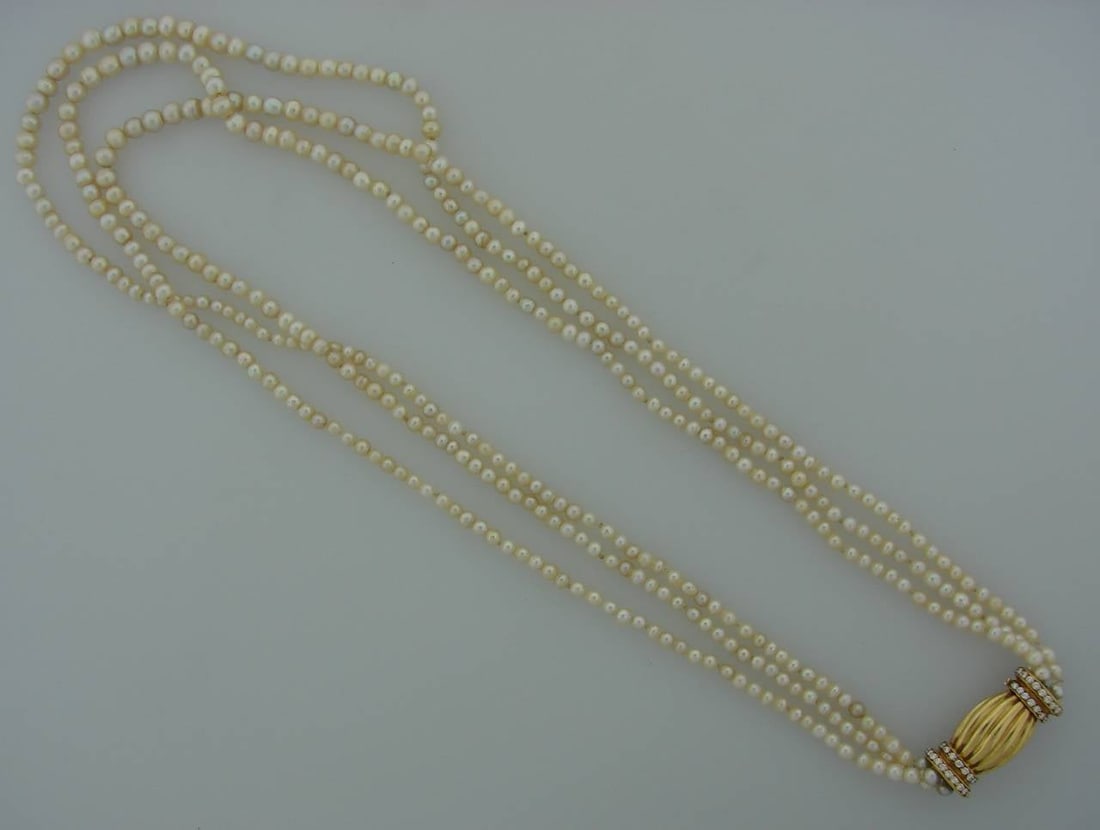 Natural Saltwater Pearl Necklace with Diamond Gold Clasp - 10