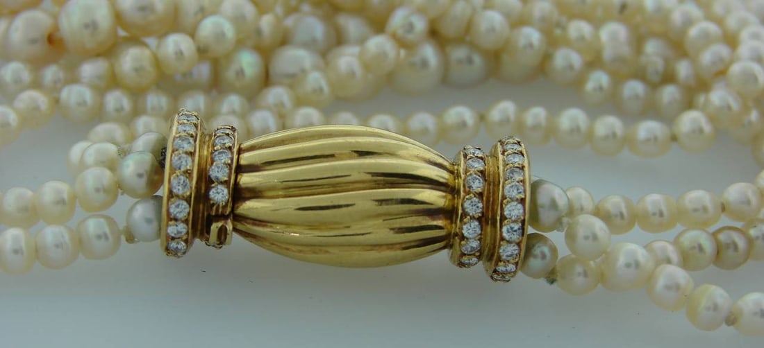 Natural Saltwater Pearl Necklace with Diamond Gold Clasp - 13