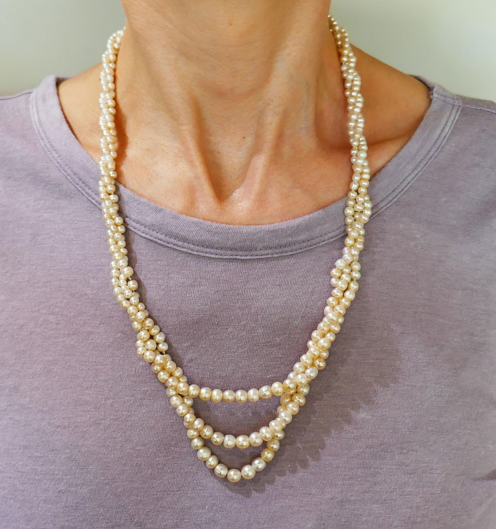 Natural Saltwater Pearl Necklace with Diamond Gold Clasp - 6