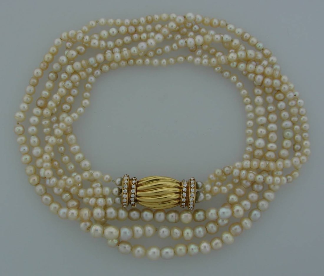 Natural Saltwater Pearl Necklace with Diamond Gold Clasp - 8