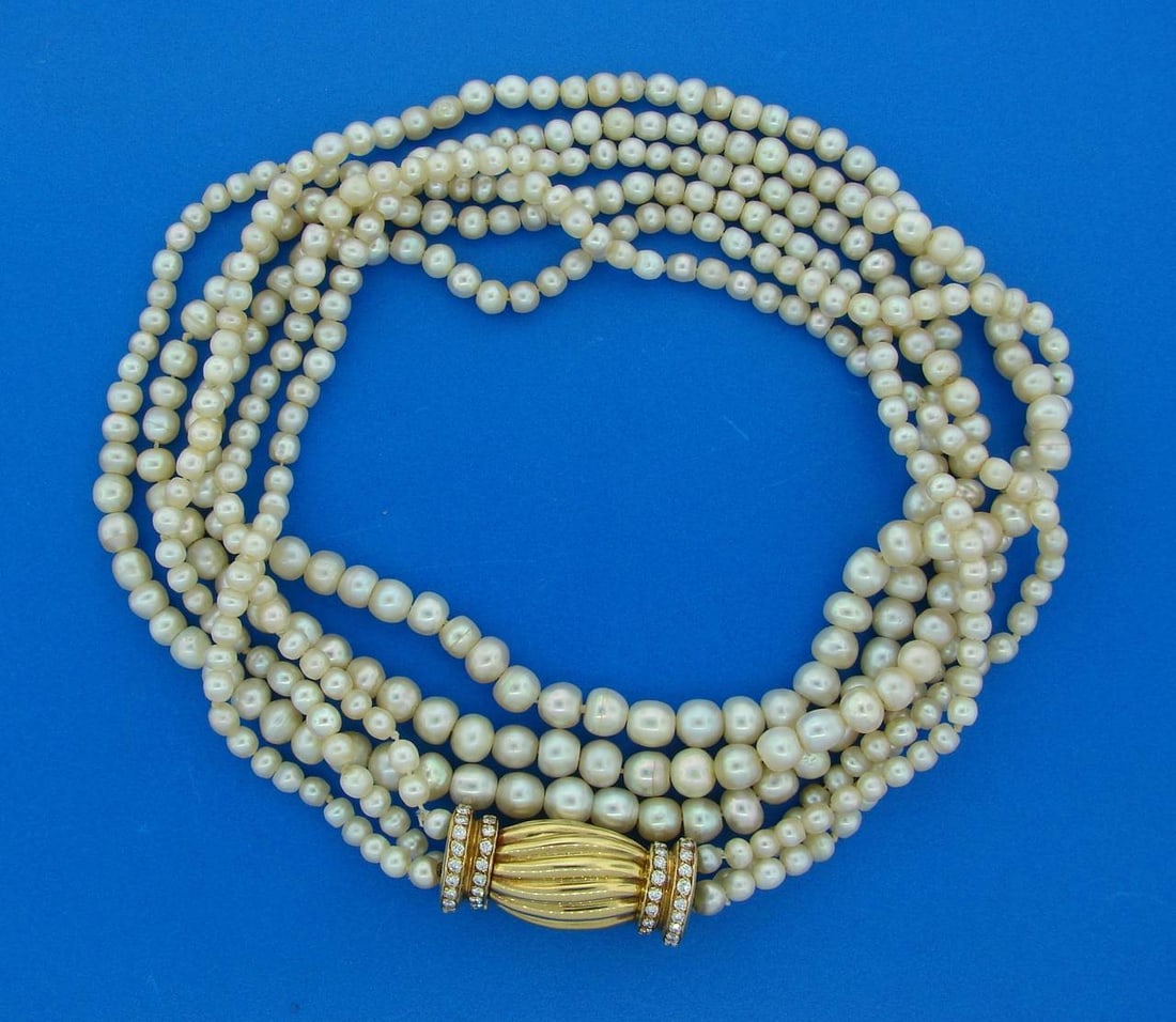 Natural Saltwater Pearl Necklace with Diamond Gold Clasp - 9