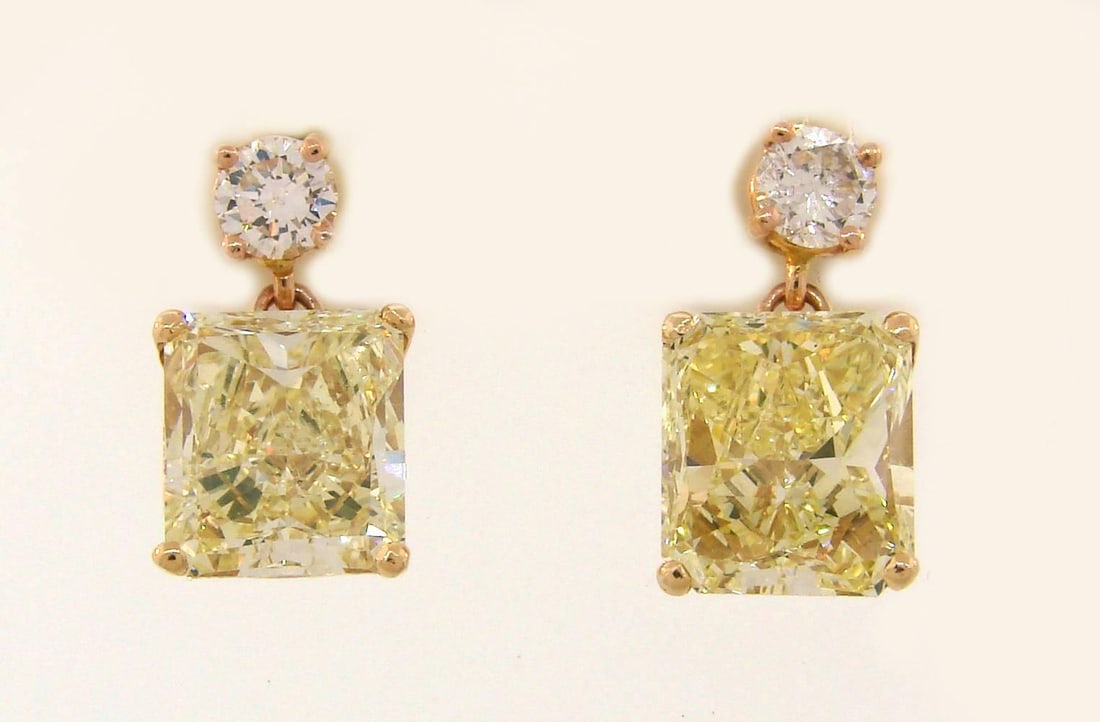 Fancy Yellow GIA and White Diamond Gold Two-Stone Stud Drop Earrings - 8