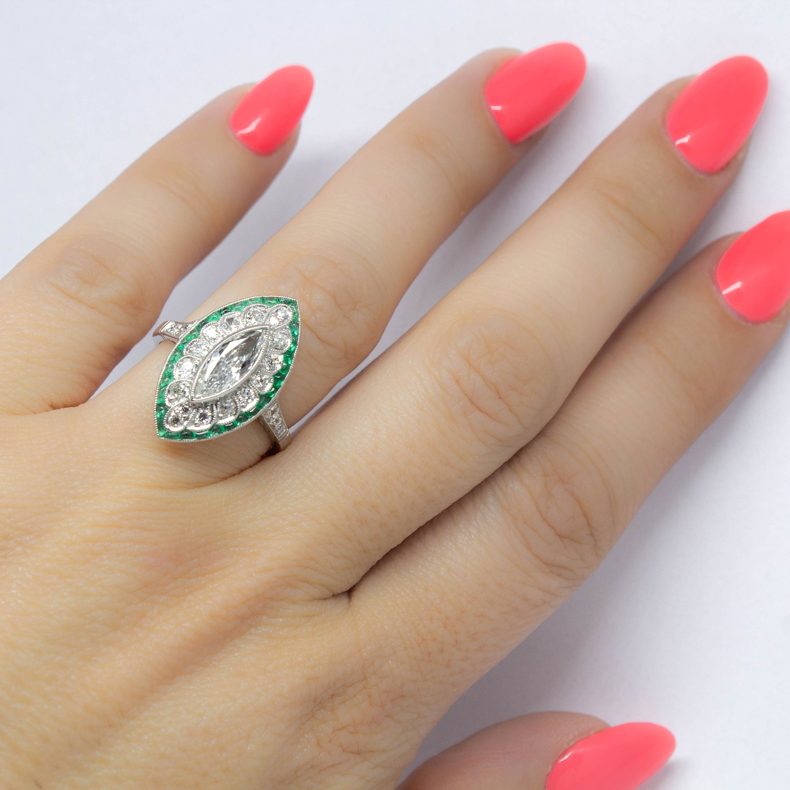Handmade Platinum Ring with Antique Marquise Diamond and Emeralds - 12